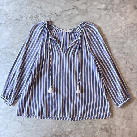 Vineyard Vines Womens Blouse Small Blue & White Striped Popover Tie Neck Tassels - Picture 4 of 7